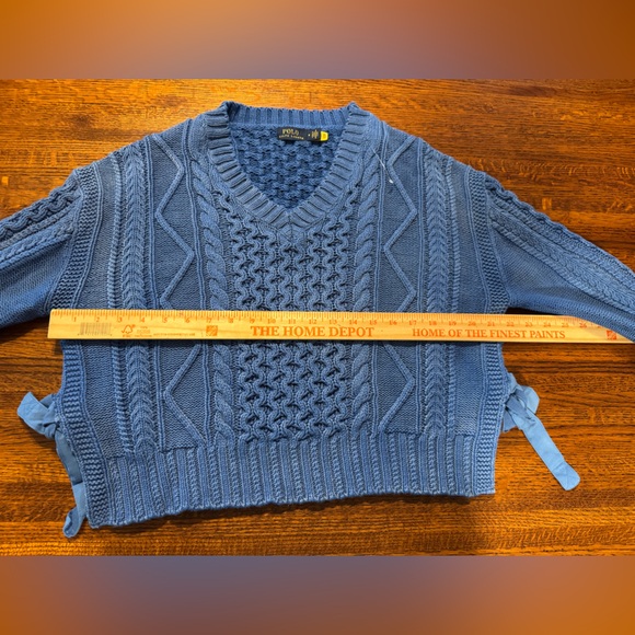 Polo Ralph Lauren Distressed M Blue Knit V Neck Sweater 100 % Cotton Cable Knit - Picture 9 of 11